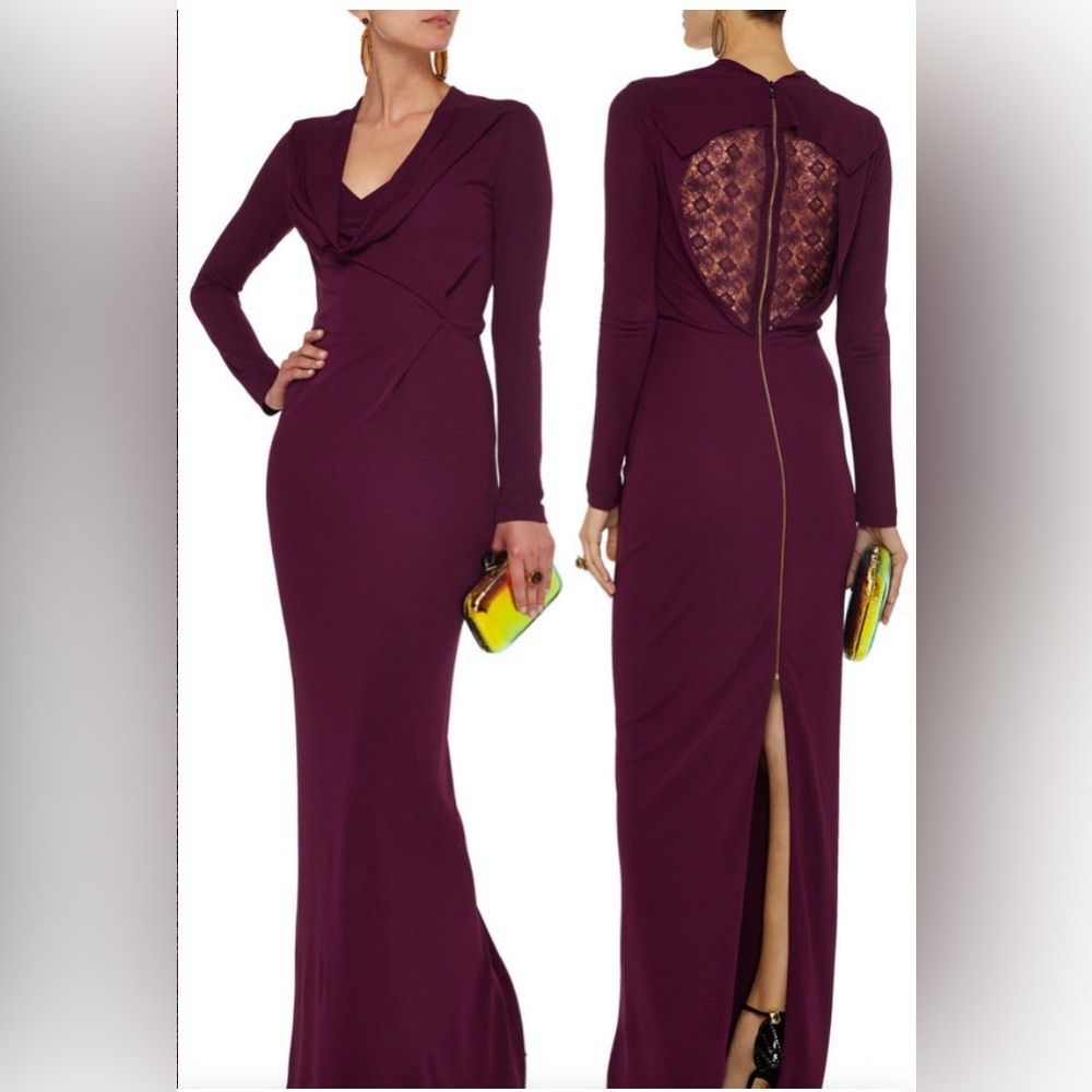 Roland Mouret Women’s Siboney Lace Paneled Jersey Maxi long sleeve Dress…